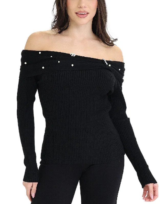 Half Price Off Shoulder Top w/ Pearls & Rhinestones