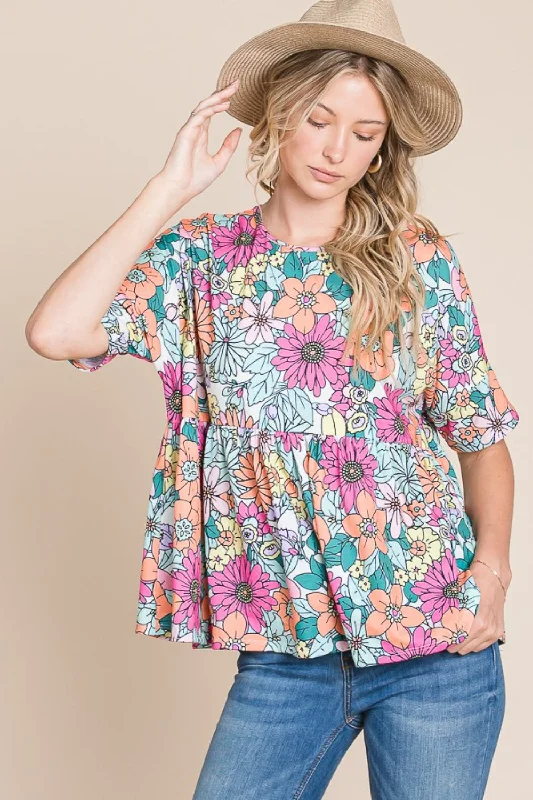 BOMBOM Floral Round Neck Short Sleeve Blouse