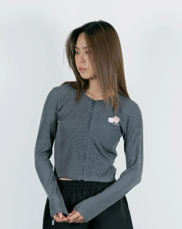 Weekend Discounts to Delight LULU Embroidery Flower Ribbed Top (Grey)