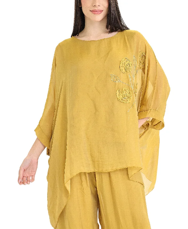 Stock Up Silk Hanky Hem Top w/ Floral Embroidery