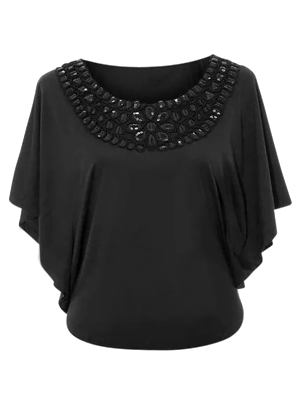 Black Womens Blouse With Sequin Scoop Neckline Size Small