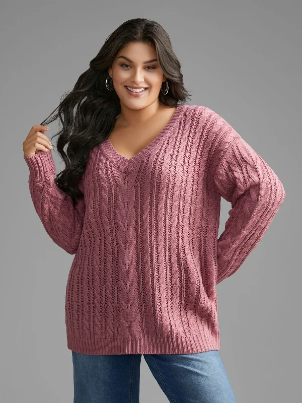 V Neck Texture Cable Knit Pullover