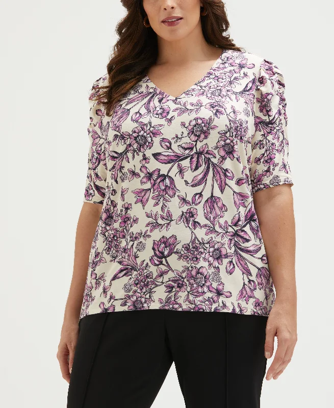 Weekend Discounts to Relish Plus Size Floral Print Puff Elbow Sleeve Top