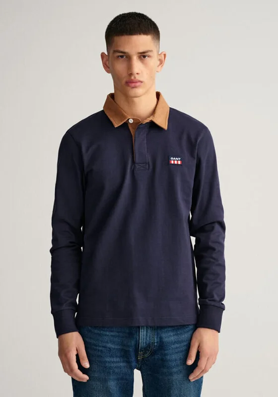 Special Discount Gant Corduroy Collar Long Sleeve Polo Shirt, Evening Blue