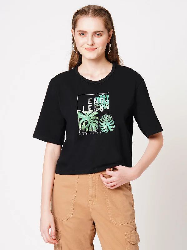 Women Slim Fit Black Crop Chest Print T-Shirt