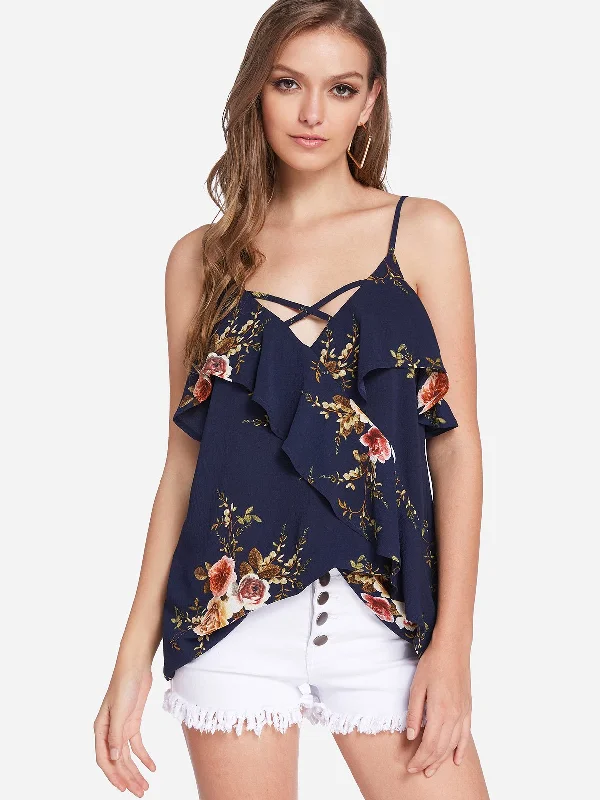 Custom V-Neck Floral Print Crossed Front Backless Spaghetti Strap Sleeveless Flounced Hem Navy Camis