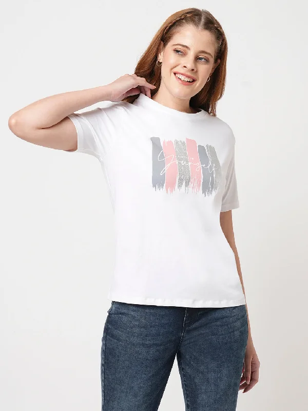 Women Slim Fit White Boxy T-Shirt Chest Print