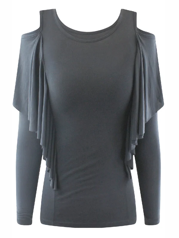 Charcoal Gray Womens Cold Shoulder Sleeve Ruffled Top Size Small