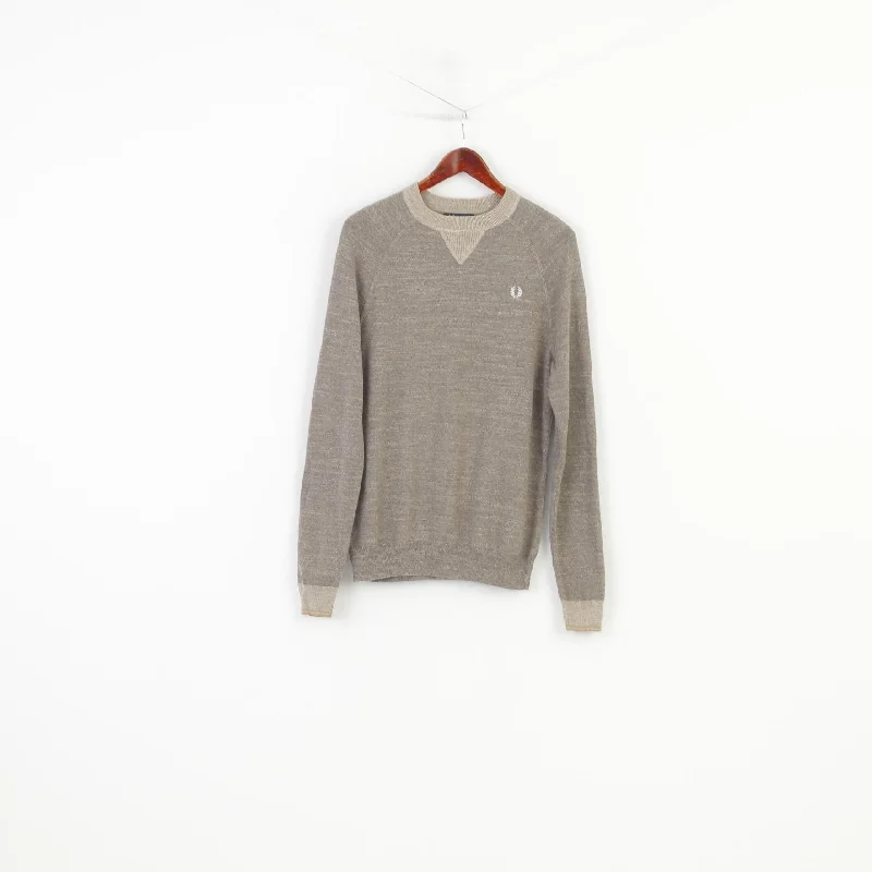 New Deal Fred Perry Men S Jumper Brown Crew Neck Logo Cotton Classic Vintage Sweater