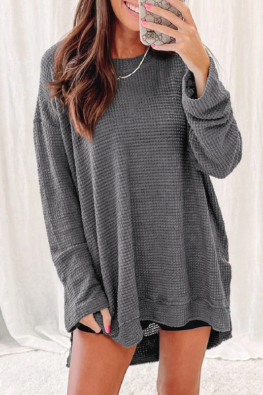 Black Plain Waffle Knit Drop Sleeve Side Slits Oversized Top