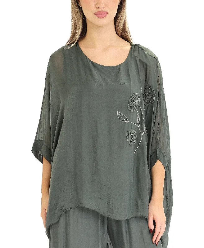 Unbeatable Deal Silk Hanky Hem Top w/ Floral Embroidery