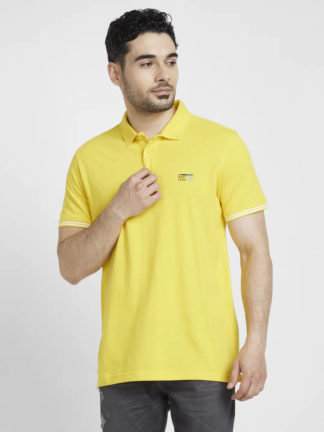 Early Access Spykar Men Yellow Cotton Slim Fit Plain Polo Tshirt