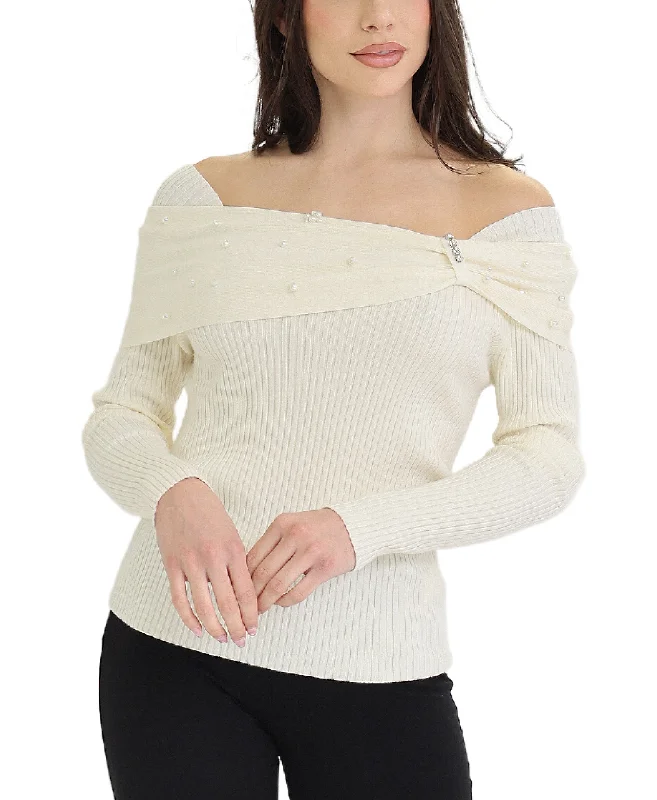 Flash Deal Off Shoulder Top w/ Pearls & Rhinestones