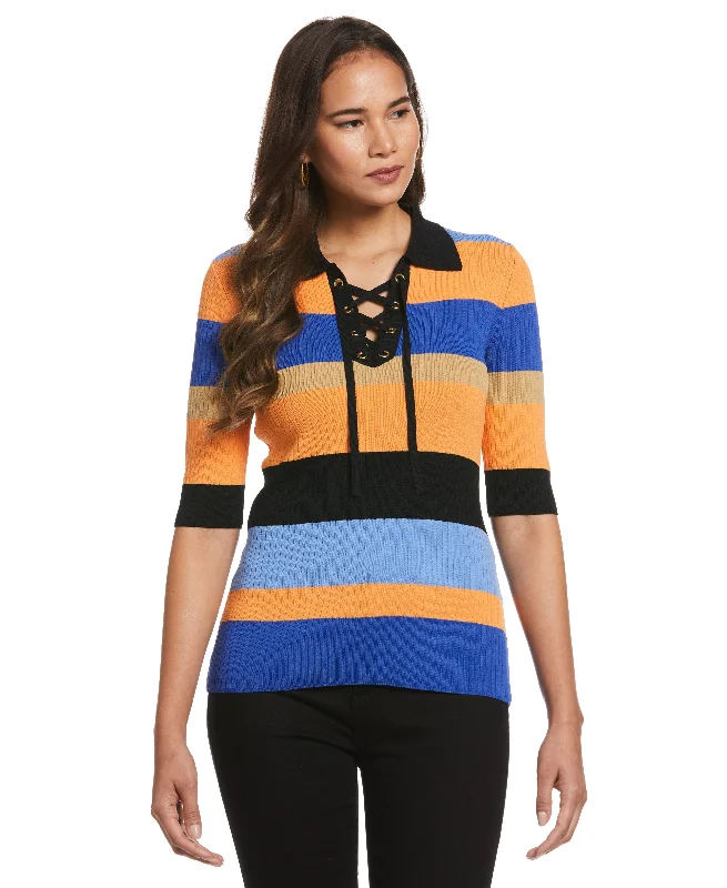 Weekend Savings Bonanza Plus Size Lace-Up Polo Sweater