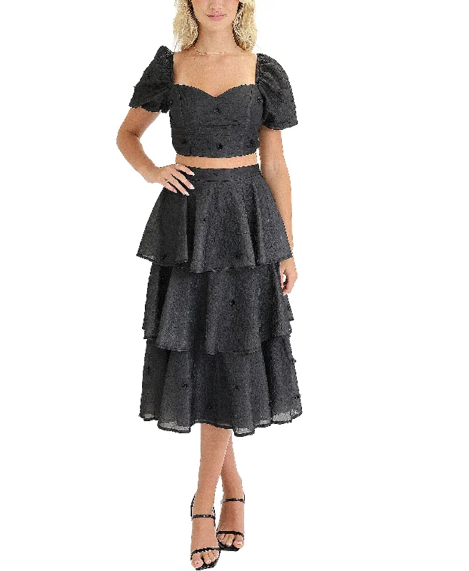 Super Bargain Textured Floral Top & Tiered Ruffle Skirt Set- 2 Pc Set