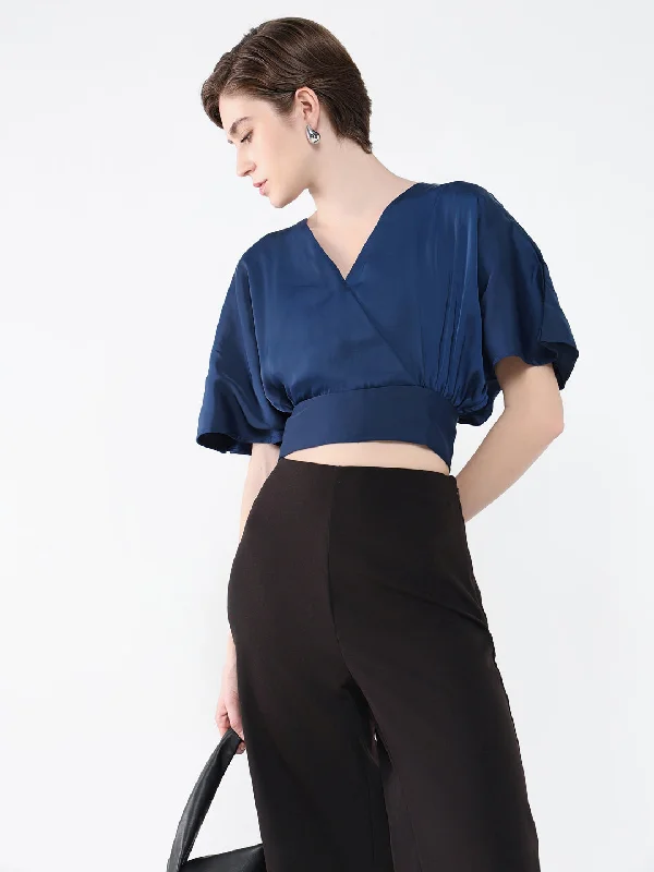 Weekend Discounts to Enjoy Women Solid Navy Blue Blouson Top