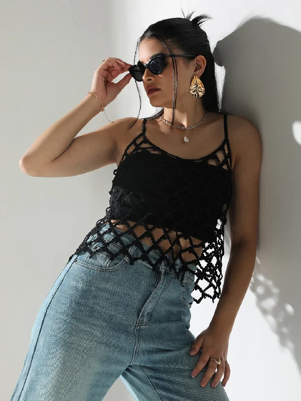Weekend Specials You Can't Miss Women Black Solid Crochet Top