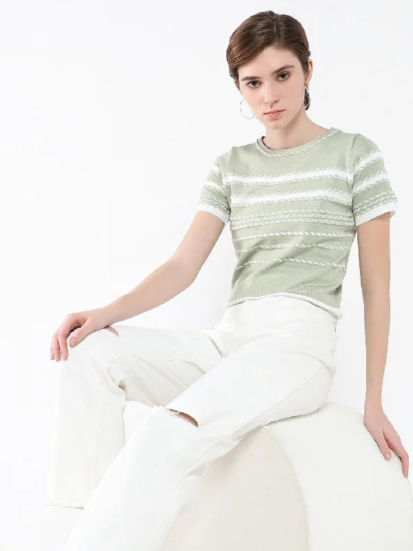 Weekend Wonders Await! Women Striped Green Top