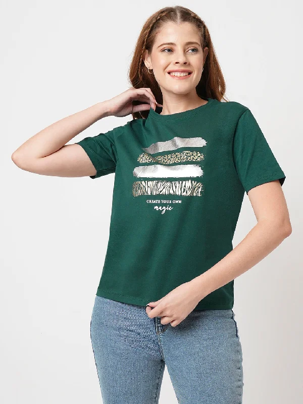 Women Slim Fit Bottle Green Boxy T-Shirt Chest Print