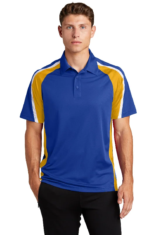 Super Savings Sport-Tek Mens Sport-Wick Moisture Wicking Short Sleeve Polo Shirt - True Royal Blue/Gold/White Super Savings Sport-Tek Mens Sport-Wick Moisture Wicking Short Sleeve Polo Shirt - True Royal Blue/Gold/White