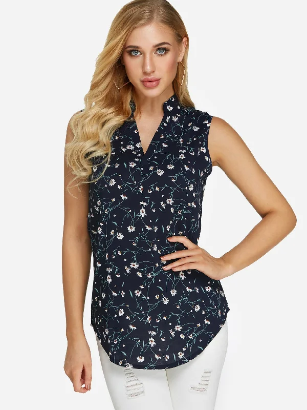 Custom V-Neck Floral Print Sleeveless Curved Hem Navy Camis