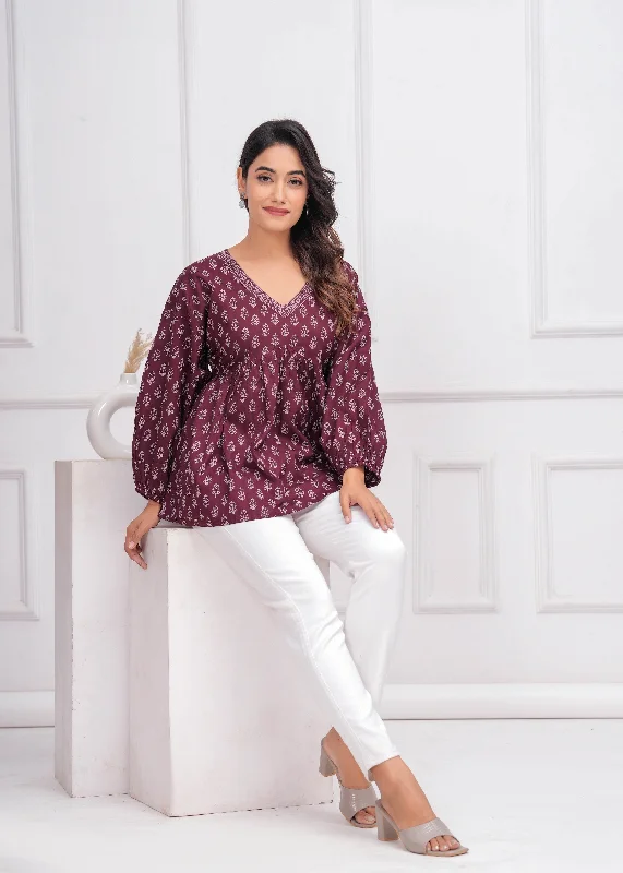 Markdown Sale Winecolor Ethnic Printed Peplum TunicFor Women