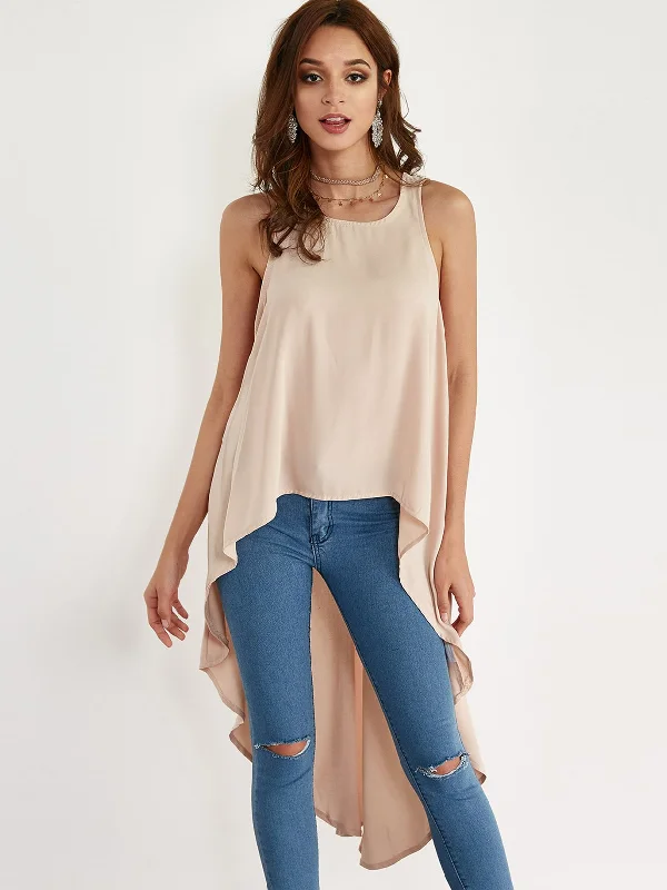 Custom Round Neck Backless Sleeveless Irregular Hem Khaki Camis