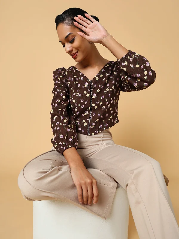 Weekend Deals That Dazzle Women Brown Floral Crop Top