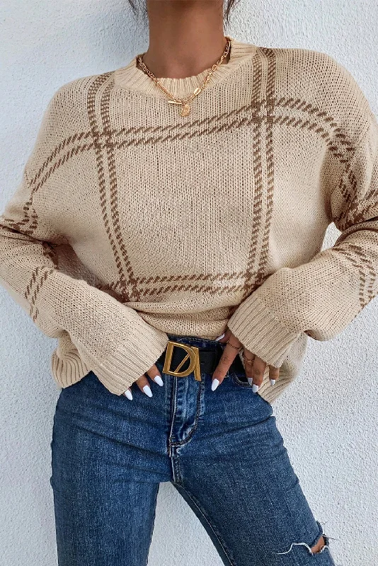 KaleaBoutique Plaid Pattern Knitted Drop Shoulder Sweater