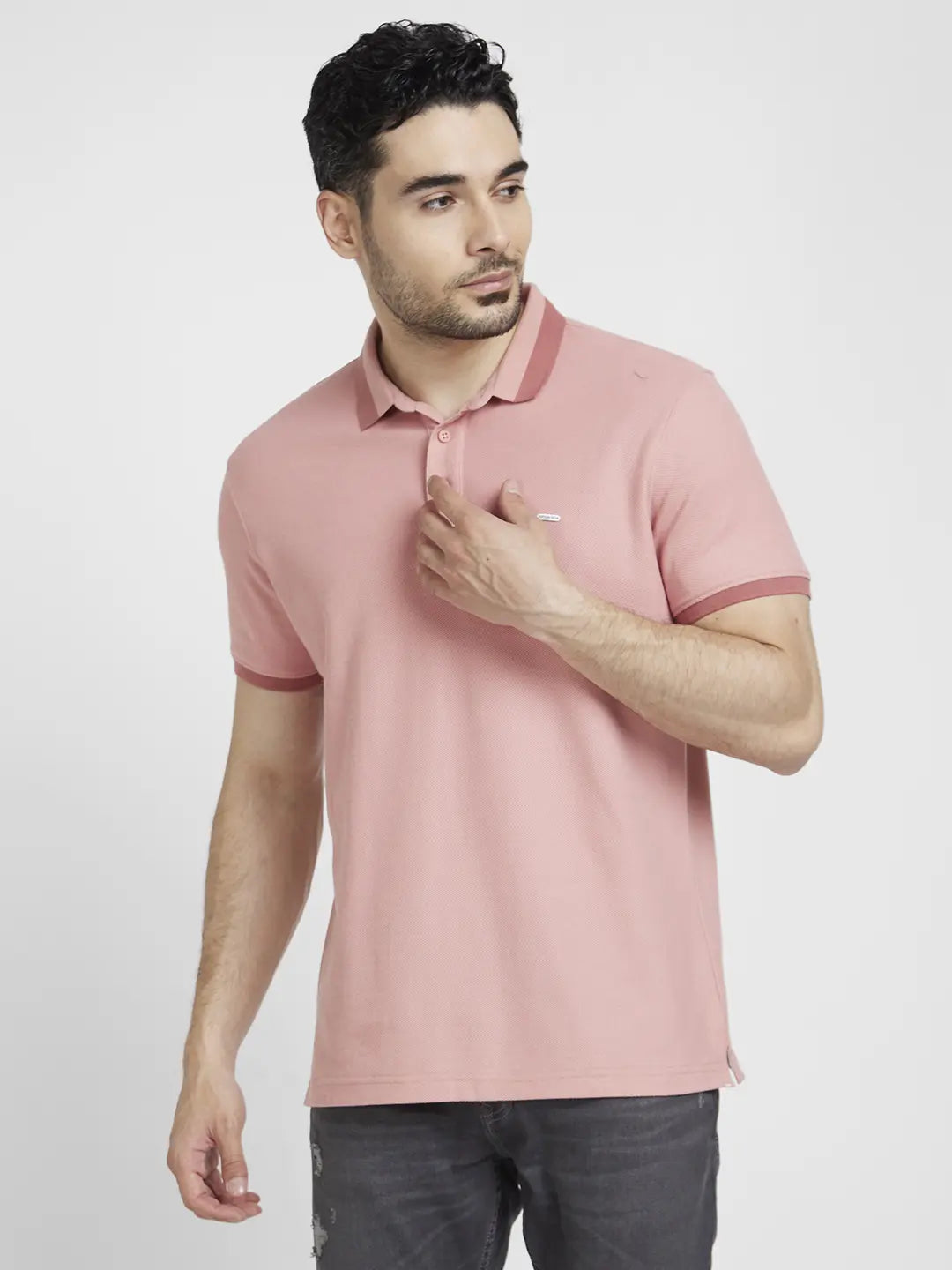 Best Bargains Spykar Men Dusty Pink Cotton Slim Fit Plain Polo Tshirt