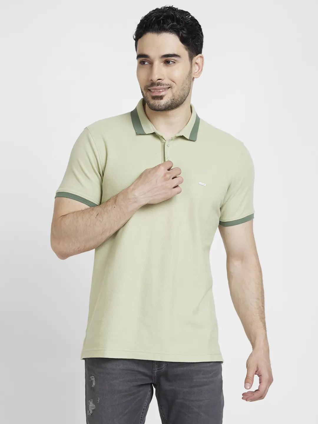 Massive Deals Spykar Men Dusty Pista Green Cotton Slim Fit Plain Polo Tshirt