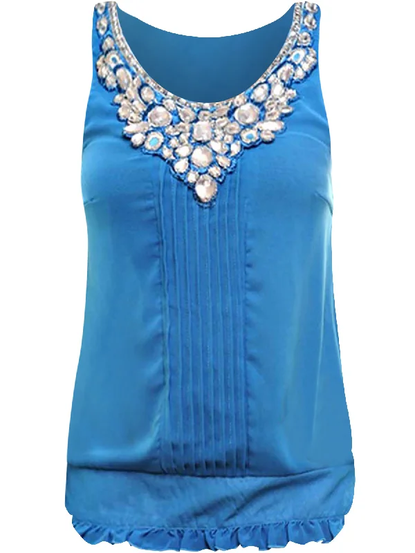 Turquoise Sleeveless Chiffon Blouse With Rhinestone Trim Neckline Size Small