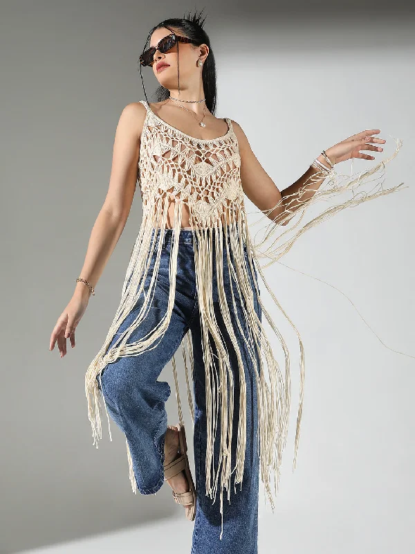 Special Price Women Cream Solid Longline Crochet Top