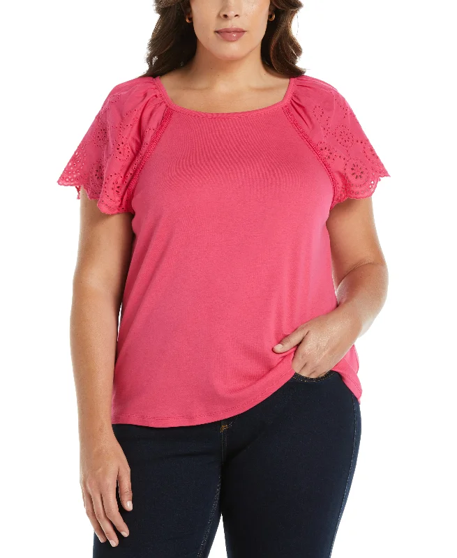 Celebrate the Weekend with Discounts Plus Size Rib Knit Eyelet Sleeve Tee