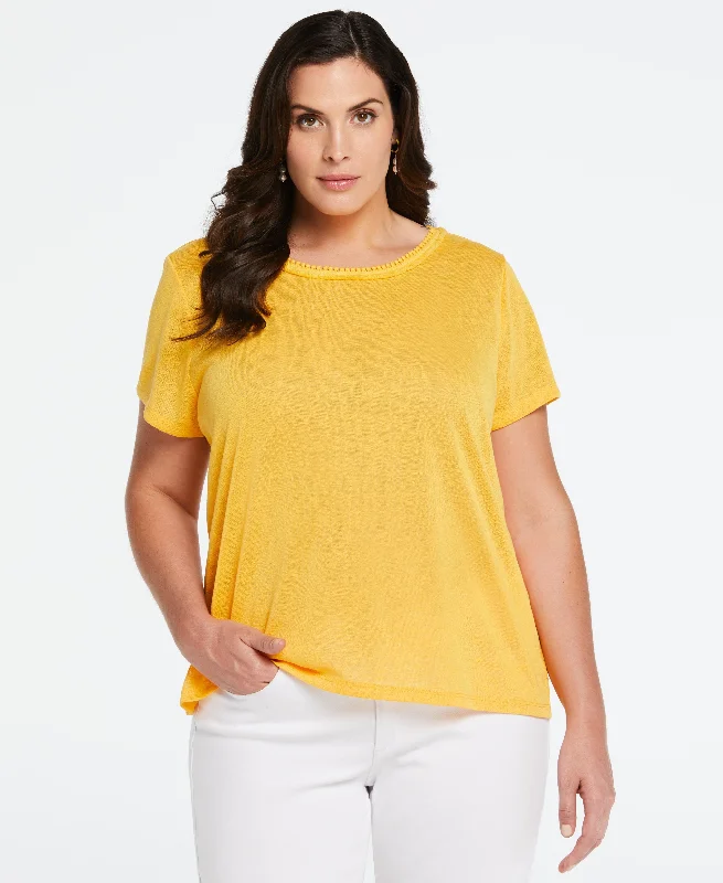 Weekend Offers That Excite Plus Size Eco Fabric Short Sleeve Top with Decorative Trim