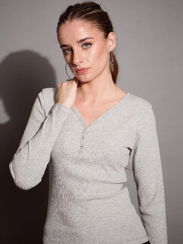 Deal of the Day Women Grey Melange Rib V-Neck Full Sleeves Top