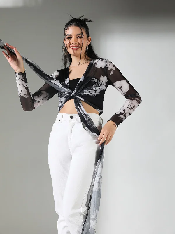 Shop and Save Women Black Floral Crop Top