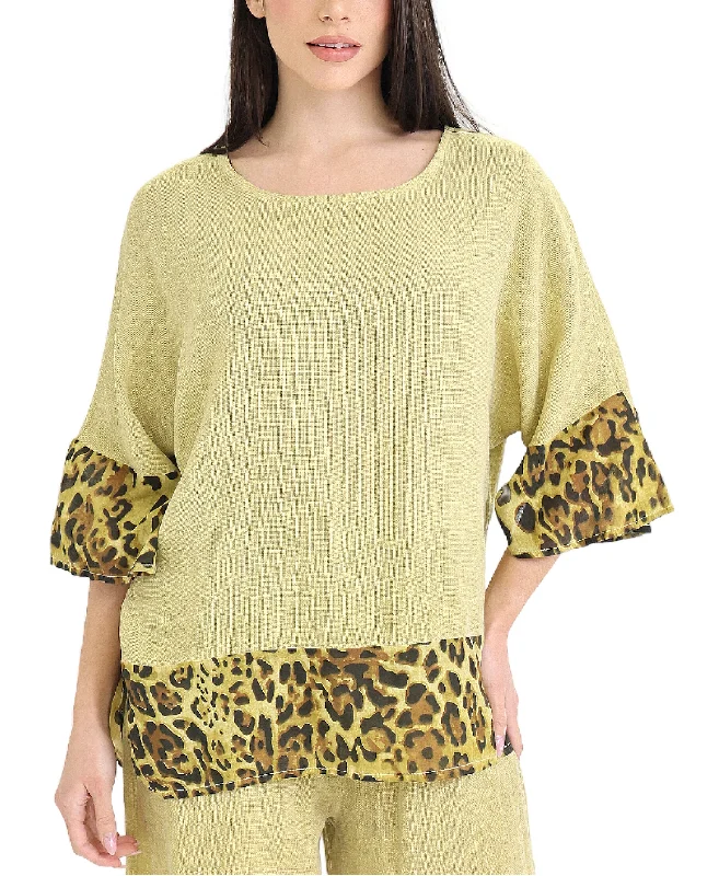 Weekend Offers That Impress Linen & Cotton Top w/ Leopard Trim