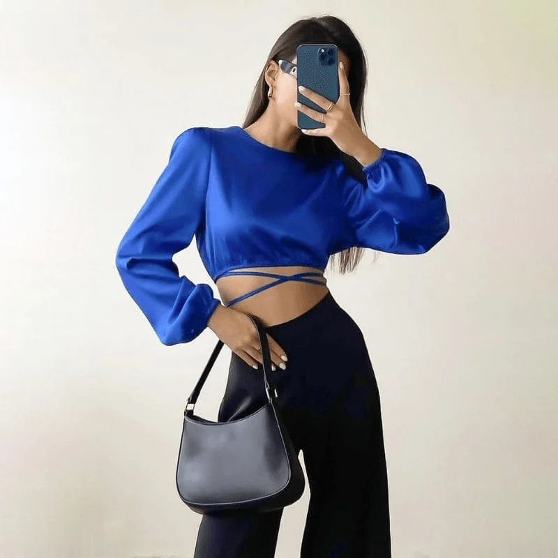 Satin Blue Long Sleeve Top