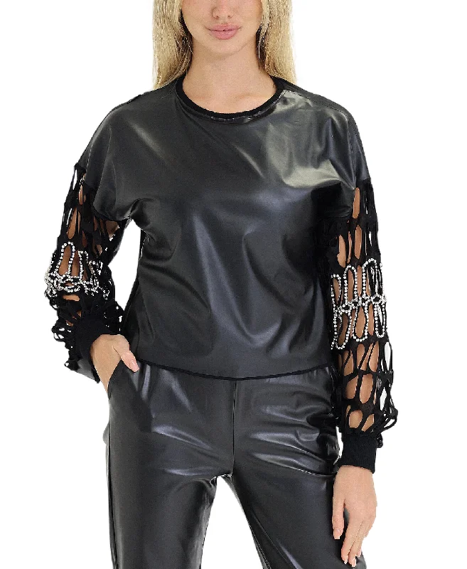 Weekend Wonders Await! Faux Leather Top w/ Rhinestones