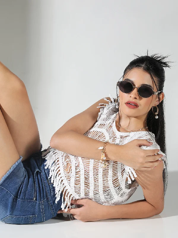 Early Access Women White Solid Crop Crochet Top