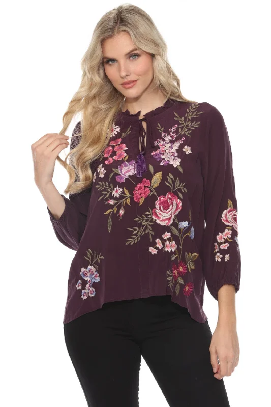 Johnny Was Workshop Purple Floral Embroidered Silk Blouse W15224