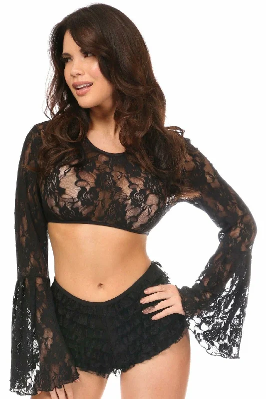 Black Sheer Lace Bell Sleeve Peasant Top