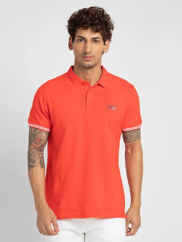 Value Deals Spykar Men Deep Coral Cotton Slim Fit Plain Polo Neck Tshirt