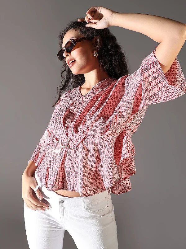 Year-End Sale Women Red Geometric Top