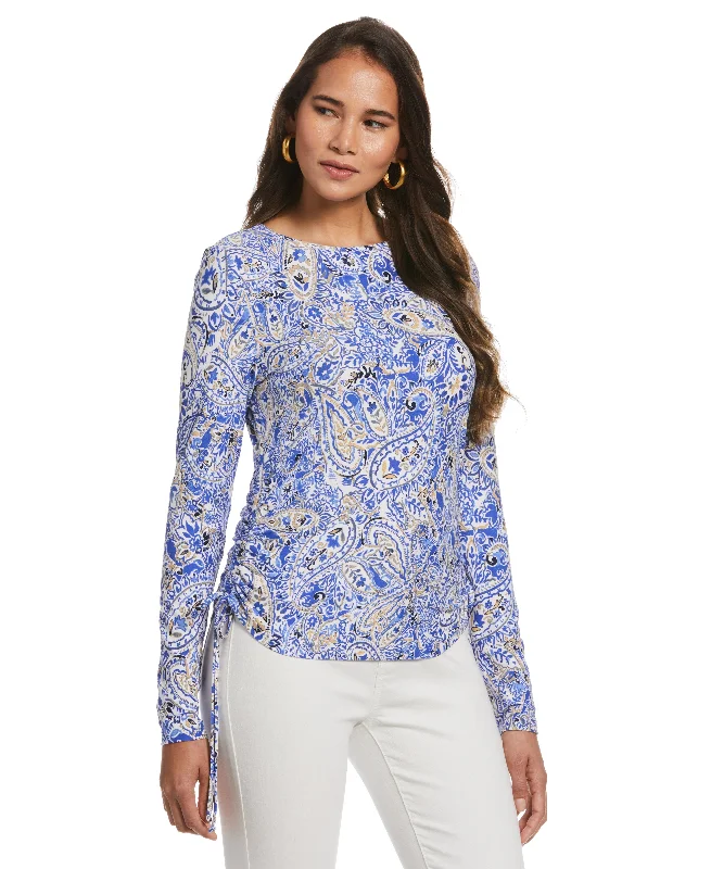 Weekend Bargains to Sizzle Petite Seaside Paisley Print Knit Side Ruched Top
