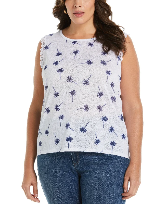 Weekend Bargains to Cherish Plus Size Palm Print Crochet Trim Top
