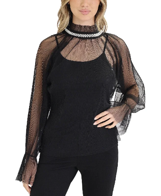 Top Pick Mesh Blouse w/ Pearl Trim