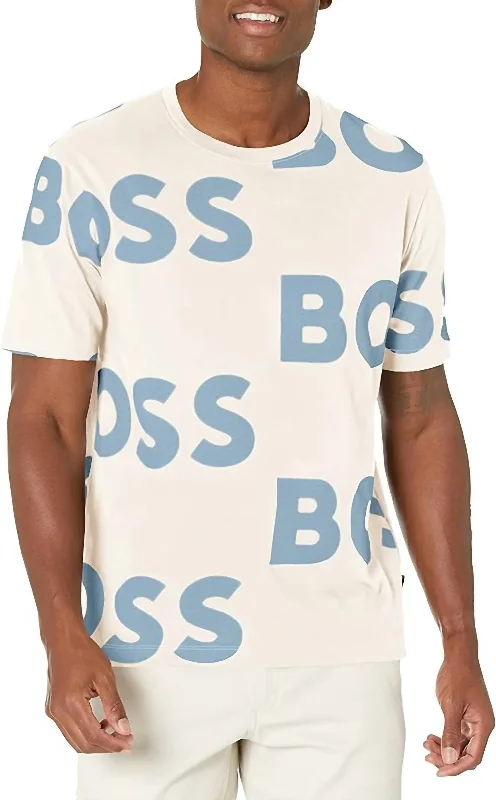 Deal Zone All Over Logo Sort Sleeve Crew Neck Cotton T-Shirt In Almond Beige