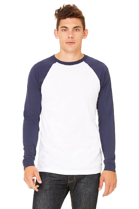 Early Access Bella + Canvas Mens Jersey Long Sleeve Crewneck T-Shirt - White/Navy Blue Early Access Bella + Canvas Mens Jersey Long Sleeve Crewneck T-Shirt - White/Navy Blue
